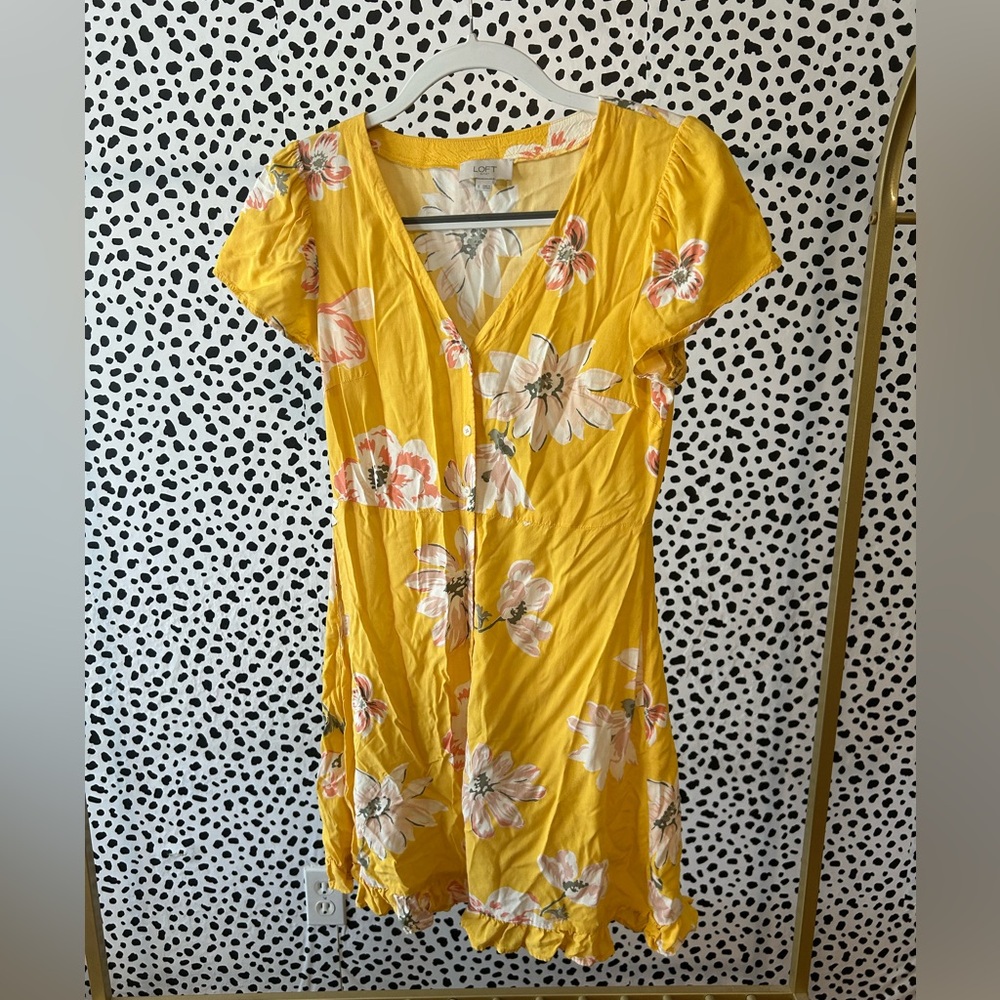 LOFT Yellow Pink Flutter Sleeve Mini Sundress